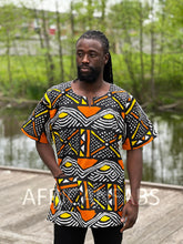 Charger l&#39;image dans la galerie, Black / yellow / orange Bogolan Dashiki Shirt / Dashiki Dress - African print top - Unisex
