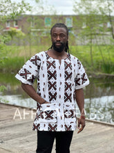 Afbeelding in Gallery-weergave laden, White Bogolan Dashiki Shirt / Dashiki Dress - African print top - Unisex
