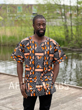 Lade das Bild in den Galerie-Viewer, Salmon / black Bogolan Dashiki Shirt / Dashiki Dress - African print top - Unisex
