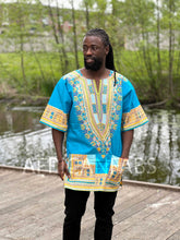 Afbeelding in Gallery-weergave laden, Blue Dashiki Shirt / Dashiki Dress - African print top - Unisex - Vlisco
