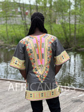 Load image into Gallery viewer, Grey Dashiki Shirt / Dashiki Dress - African print top - Unisex - Vlisco
