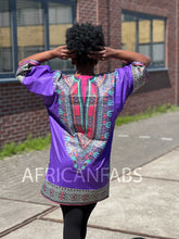 Afbeelding in Gallery-weergave laden, Purple with gold effect Dashiki Shirt / Dashiki Dress - African print top - Unisex - Vlisco
