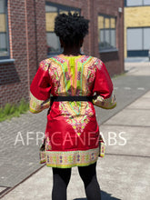 Afbeelding in Gallery-weergave laden, Red Dashiki Shirt / Dashiki Dress - African print top - Unisex - Vlisco
