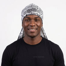 Load image into Gallery viewer, Durag / Du-rag / Do-rag / Bandana - Unisex - White and Black Bogolan
