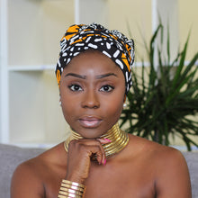 Load image into Gallery viewer, Easy headwrap - Satin lined hair bonnet - Black / orange Amaka
