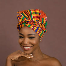 Load image into Gallery viewer, Easy headwrap - Satin lined hair bonnet - Kente Orange / blue / red
