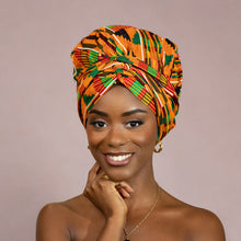 Load image into Gallery viewer, Easy headwrap - Satin lined hair bonnet - Kente Orange / green
