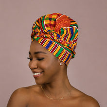 Load image into Gallery viewer, Easy headwrap - Satin lined hair bonnet - Kente Orange / blue / red
