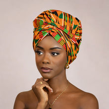 Load image into Gallery viewer, Easy headwrap - Satin lined hair bonnet - Kente Orange / green
