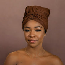 Load image into Gallery viewer, Easy headwrap - Satin lined hair bonnet - Brown solid color
