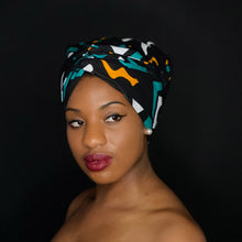 Load image into Gallery viewer, Easy headwrap - Satin lined hair bonnet - Mud Black / Turquoise
