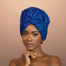 Load image into Gallery viewer, Easy headwrap - Satin lined hair bonnet - Blue blocks
