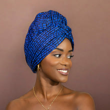 Load image into Gallery viewer, Easy headwrap - Satin lined hair bonnet - Blue blocks
