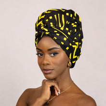 Load image into Gallery viewer, Easy headwrap - Satin lined hair bonnet - Black / yellow
