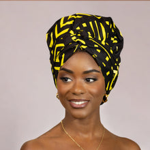 Load image into Gallery viewer, Easy headwrap - Satin lined hair bonnet - Black / yellow
