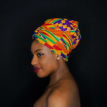 Afbeelding in Gallery-weergave laden, Easy headwrap - Satin lined hair bonnet - Kente Orange / Purple
