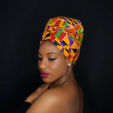 Load image into Gallery viewer, Easy headwrap - Satin lined hair bonnet - Kente Orange / Purple / Black
