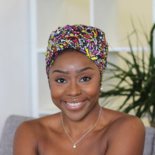 Load image into Gallery viewer, Easy headwrap - Satin lined hair bonnet - Yellow / purple Tribal print
