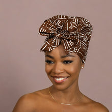 Load image into Gallery viewer, Easy headwrap - Satin lined hair bonnet - Bogolan Brown
