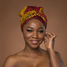 Load image into Gallery viewer, Easy headwrap - Satin lined hair bonnet - Red &amp; Yellow Concentric
