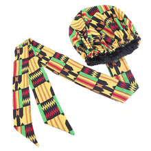 Afbeelding in Gallery-weergave laden, Easy headwrap Large - Satin lined hair bonnet - Black / Yellow Kente
