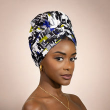 Load image into Gallery viewer, Easy headwrap - Satin lined hair bonnet - Blue / white
