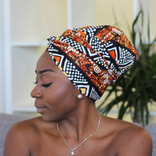 Load image into Gallery viewer, Easy headwrap - Satin lined hair bonnet - Orange / white Chidinma
