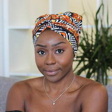 Load image into Gallery viewer, Easy headwrap - Satin lined hair bonnet - Orange / white Chidinma
