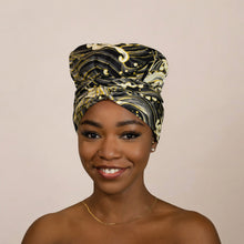 Load image into Gallery viewer, Easy headwrap - Satin lined hair bonnet - Black / cream color
