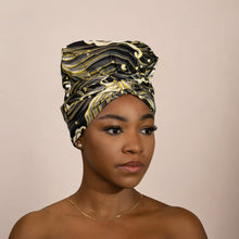 Load image into Gallery viewer, Easy headwrap - Satin lined hair bonnet - Black / cream color
