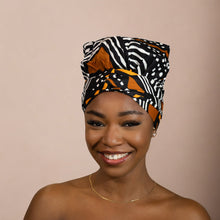 Load image into Gallery viewer, Easy headwrap - Satin lined hair bonnet - Black / orange Bogolan
