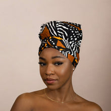 Load image into Gallery viewer, Easy headwrap - Satin lined hair bonnet - Black / orange Bogolan
