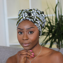 Load image into Gallery viewer, Easy headwrap - Satin lined hair bonnet - Green / white Efosa
