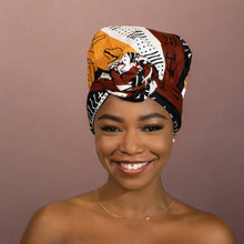 Load image into Gallery viewer, Easy headwrap - Satin lined hair bonnet - Dark Brown / Yellow Bogolan Symbols
