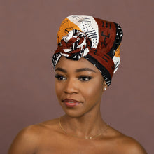 Load image into Gallery viewer, Easy headwrap - Satin lined hair bonnet - Dark Brown / Yellow Bogolan Symbols
