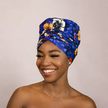 Load image into Gallery viewer, Easy headwrap - Satin lined hair bonnet - Blue flower
