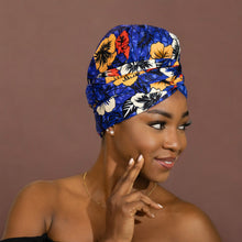 Load image into Gallery viewer, Easy headwrap - Satin lined hair bonnet - Blue flower
