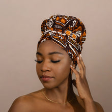 Load image into Gallery viewer, Easy headwrap - Satin lined hair bonnet - Brown Patterns Bogolan
