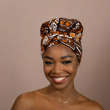 Load image into Gallery viewer, Easy headwrap - Satin lined hair bonnet - Brown Patterns Bogolan
