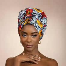 Load image into Gallery viewer, Easy headwrap - Satin lined hair bonnet - Light Grey Flowers
