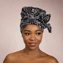 Load image into Gallery viewer, Easy headwrap - Satin lined hair bonnet - Black White X Bogolan
