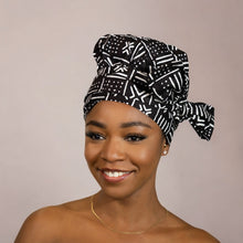 Load image into Gallery viewer, Easy headwrap - Satin lined hair bonnet - Black White X Bogolan
