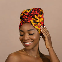 Load image into Gallery viewer, Easy headwrap - Satin lined hair bonnet - Red Flowers
