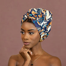 Load image into Gallery viewer, Easy headwrap - Satin lined hair bonnet - Blue / brown
