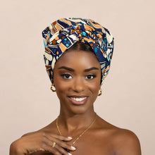 Load image into Gallery viewer, Easy headwrap - Satin lined hair bonnet - Blue / brown
