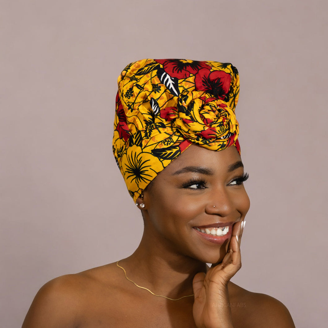 Turban facile - Bonnet doublé satin - Fleurs Jaunes