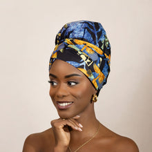 Load image into Gallery viewer, Easy headwrap - Satin lined hair bonnet - Blue / black
