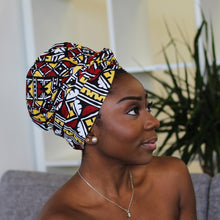Load image into Gallery viewer, Easy headwrap - Satin lined hair bonnet - Soft yellow / burgundy Ifueko

