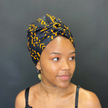 Afbeelding in Gallery-weergave laden, Easy headwrap - Satin lined hair bonnet - Mud Black / yellow
