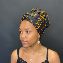Load image into Gallery viewer, Easy headwrap - Satin lined hair bonnet - Mud Black / yellow
